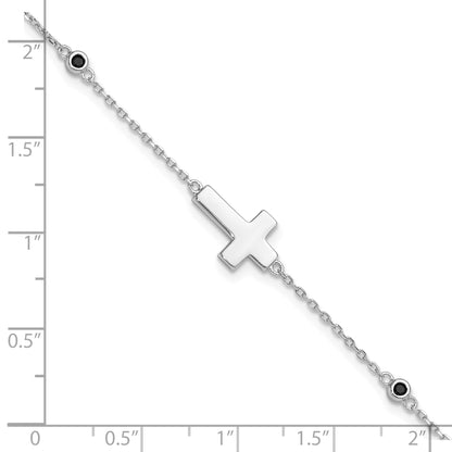 Sterling Silver Rhodium-plated Cross Black Spinel 7in w/1in ext. Bracelet