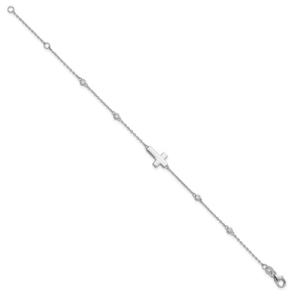 Sterling Silver Rhodium-plated CZ Sideways Cross 8in w/1in ext. Bracelet