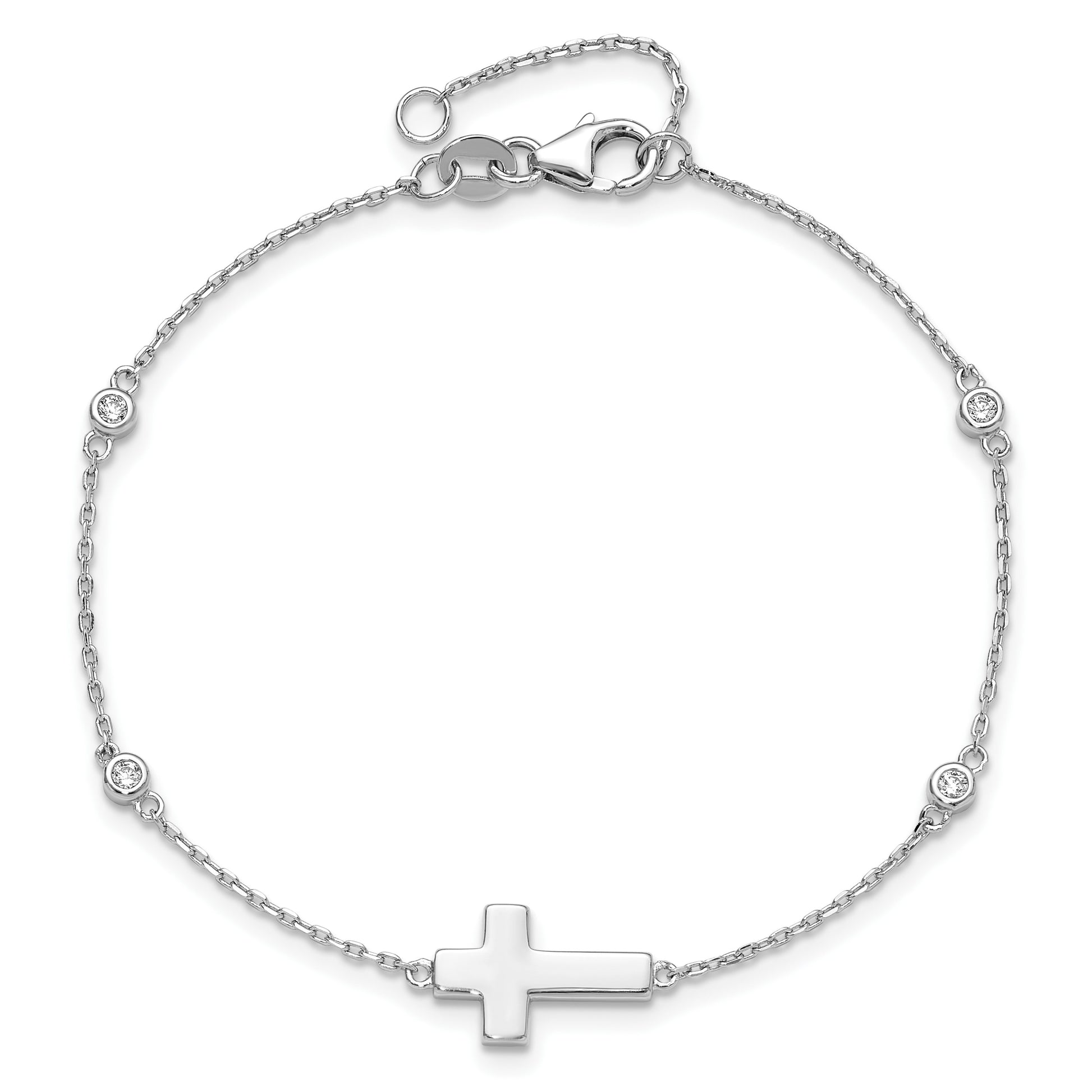 Sterling Silver Rhodium-plated CZ Sideways Cross 8in w/1in ext. Bracelet
