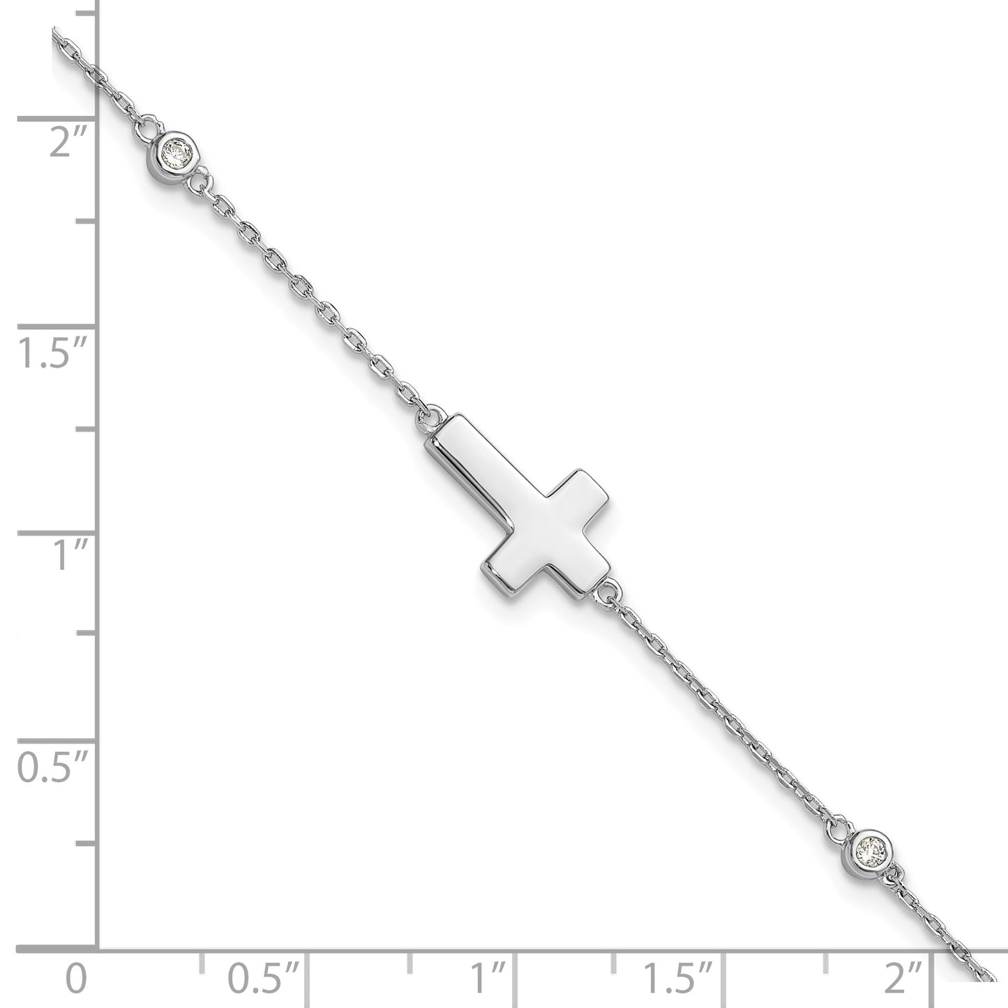 Sterling Silver Rhodium-plated CZ Sideways Cross 7in w/1in ext. Bracelet
