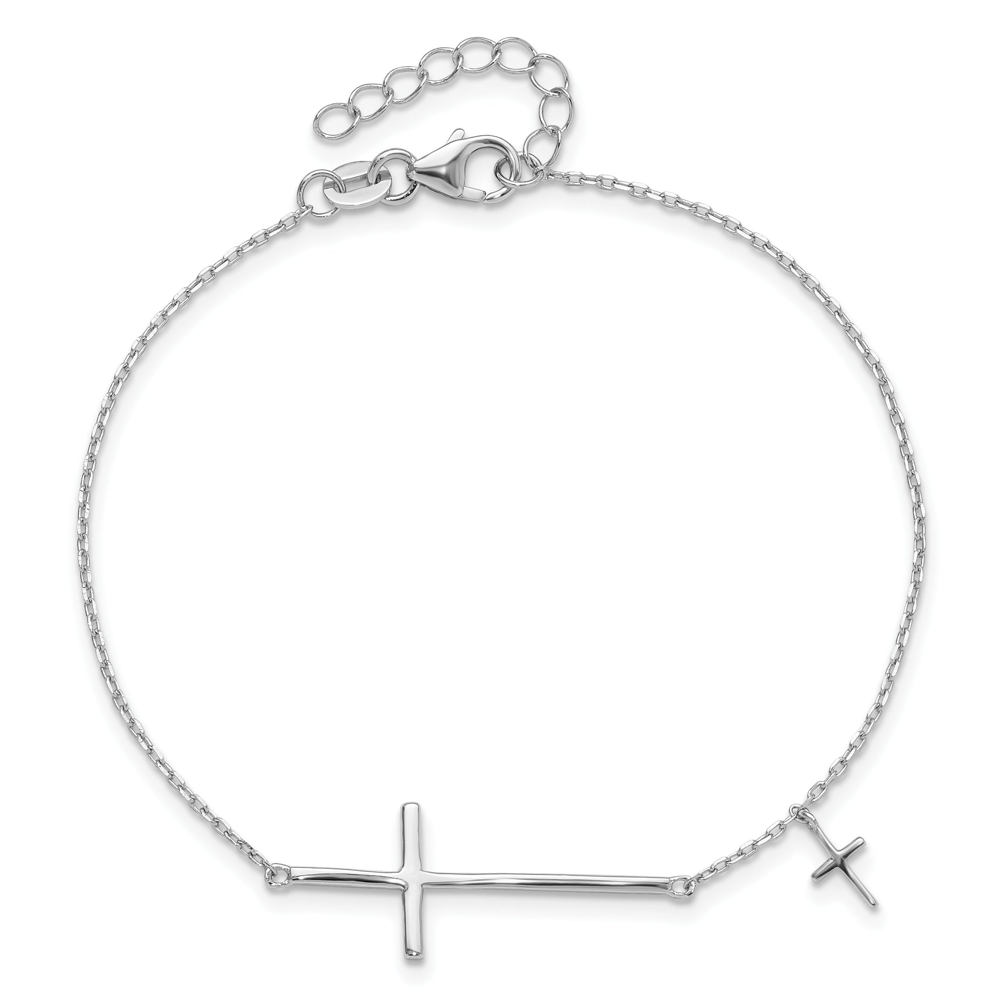 Sterling Silver Rhodium-plated Sideways Cross 7in w/1in ext. Bracelet