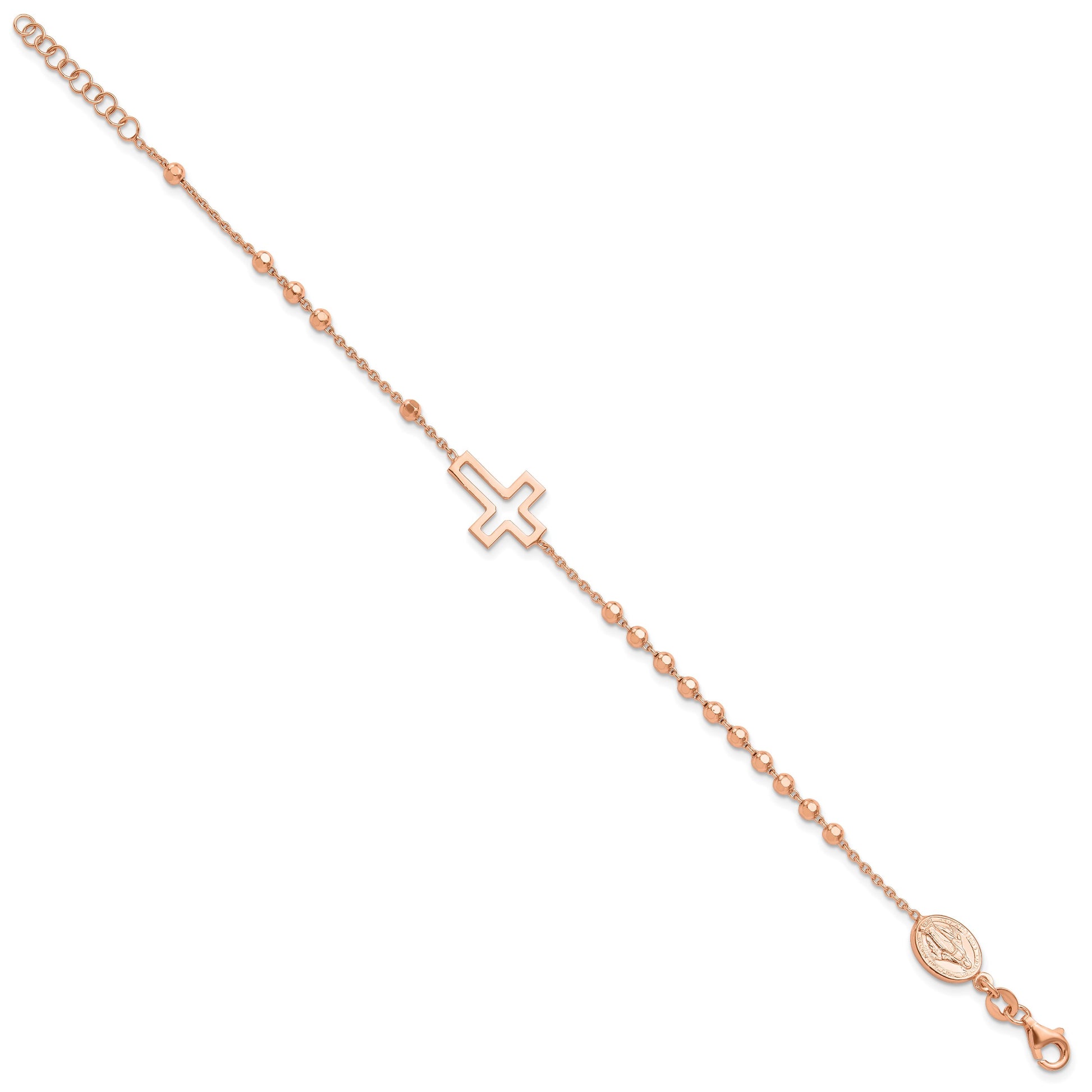 Sterling Silver Rose-tone Rosary Cross 7in w/1in Ext. Bracelet