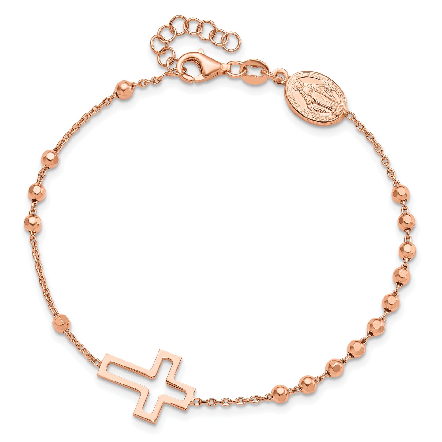 Sterling Silver Rose-tone Rosary Cross 7in w/1in Ext. Bracelet