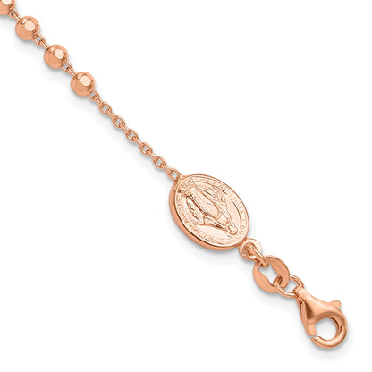 Sterling Silver Rose-tone Rosary Cross 7in w/1in Ext. Bracelet