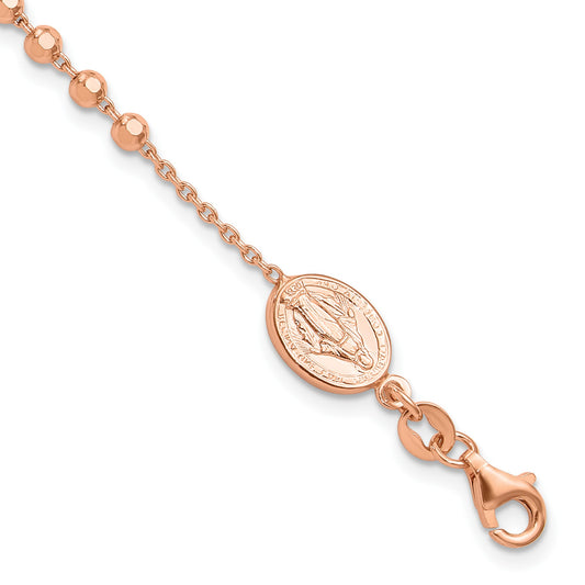 Sterling Silver Rose-tone Rosary Cross 7in w/1in Ext. Bracelet