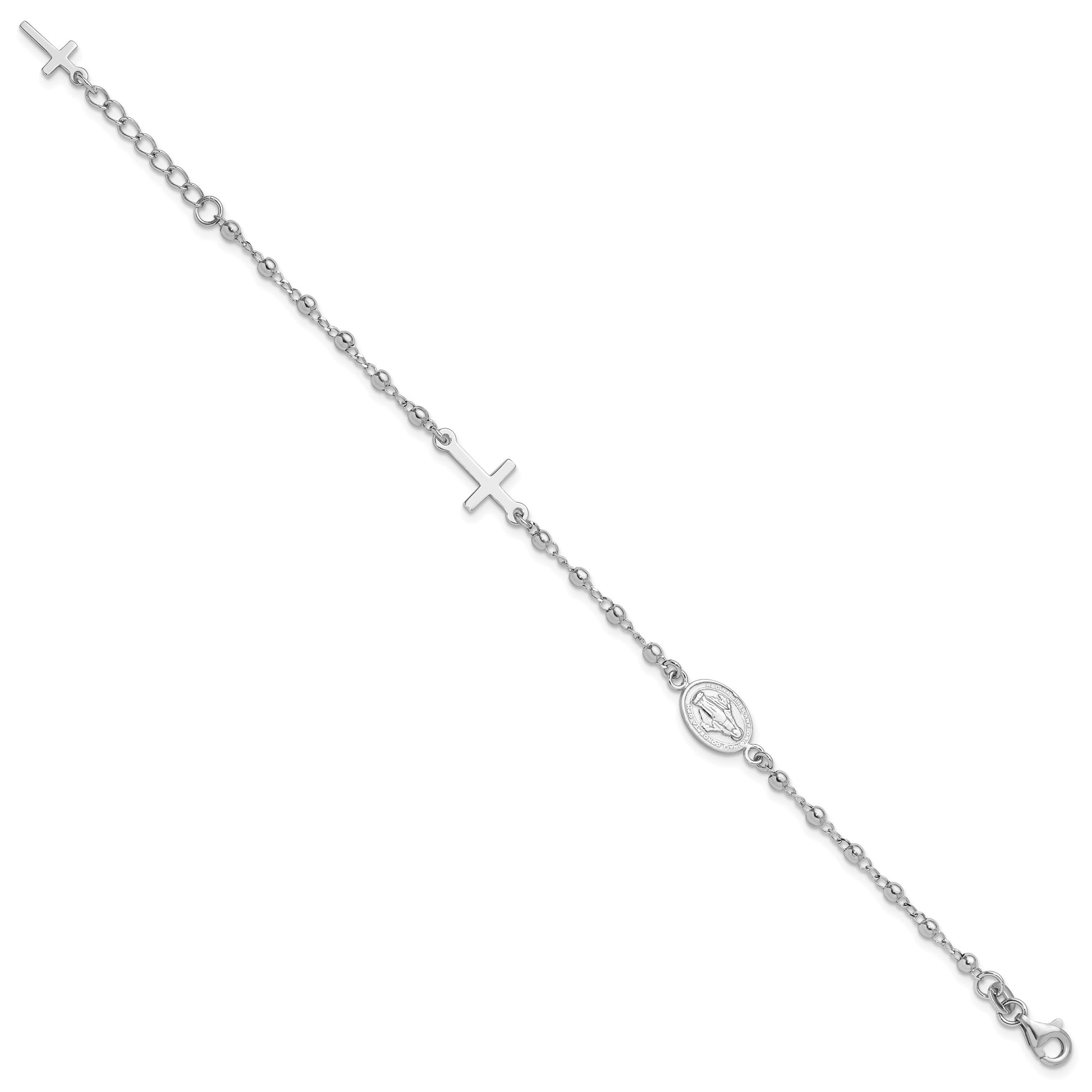 Sterling Silver Rh-plated 6.5in w/1in ext Rosary Bracelet