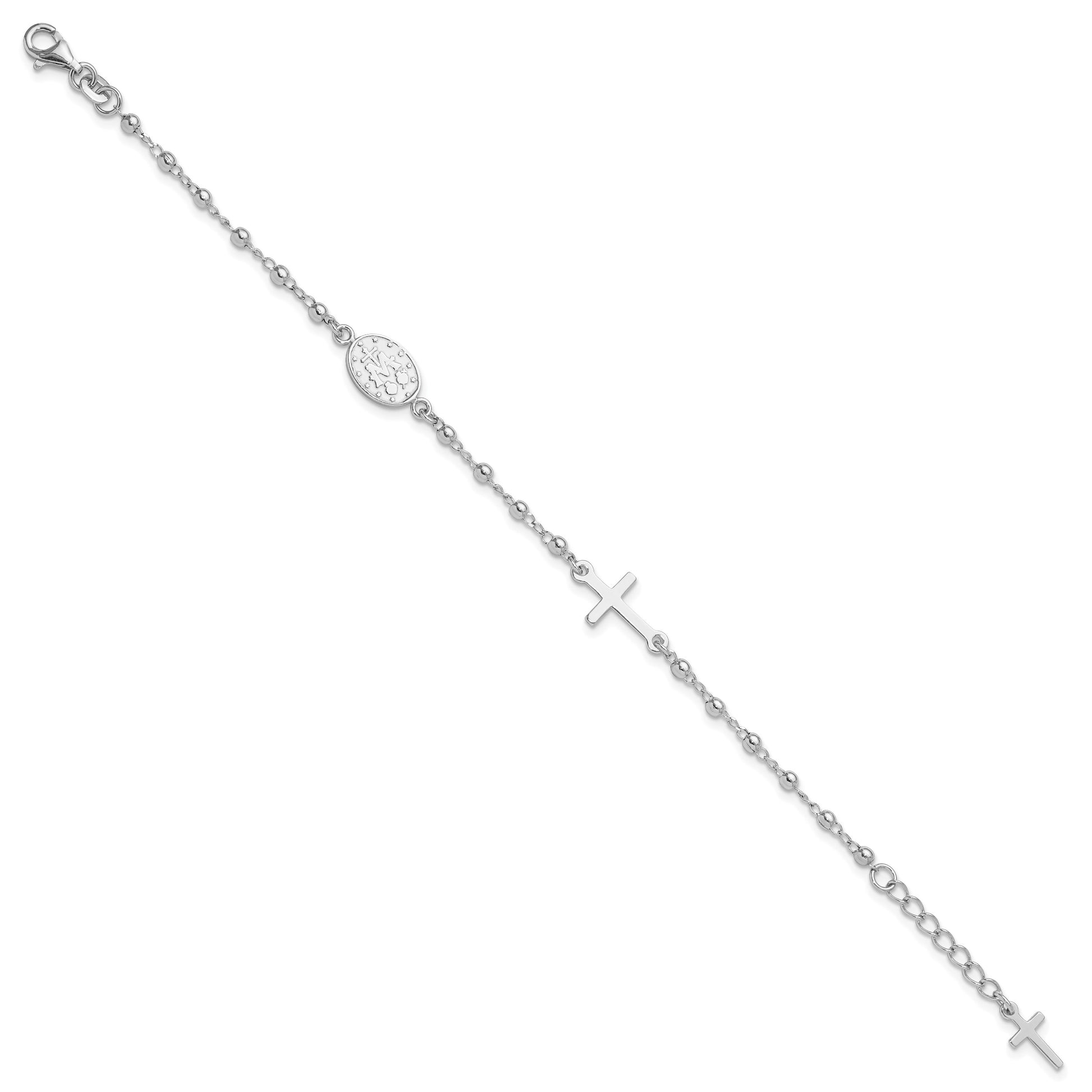 Sterling Silver Rh-plated 6.5in w/1in ext Rosary Bracelet