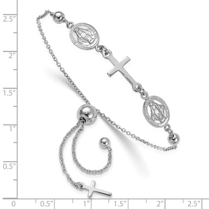Sterling Silver Rhod-plated Cross with Medals Adjustable Bracelet