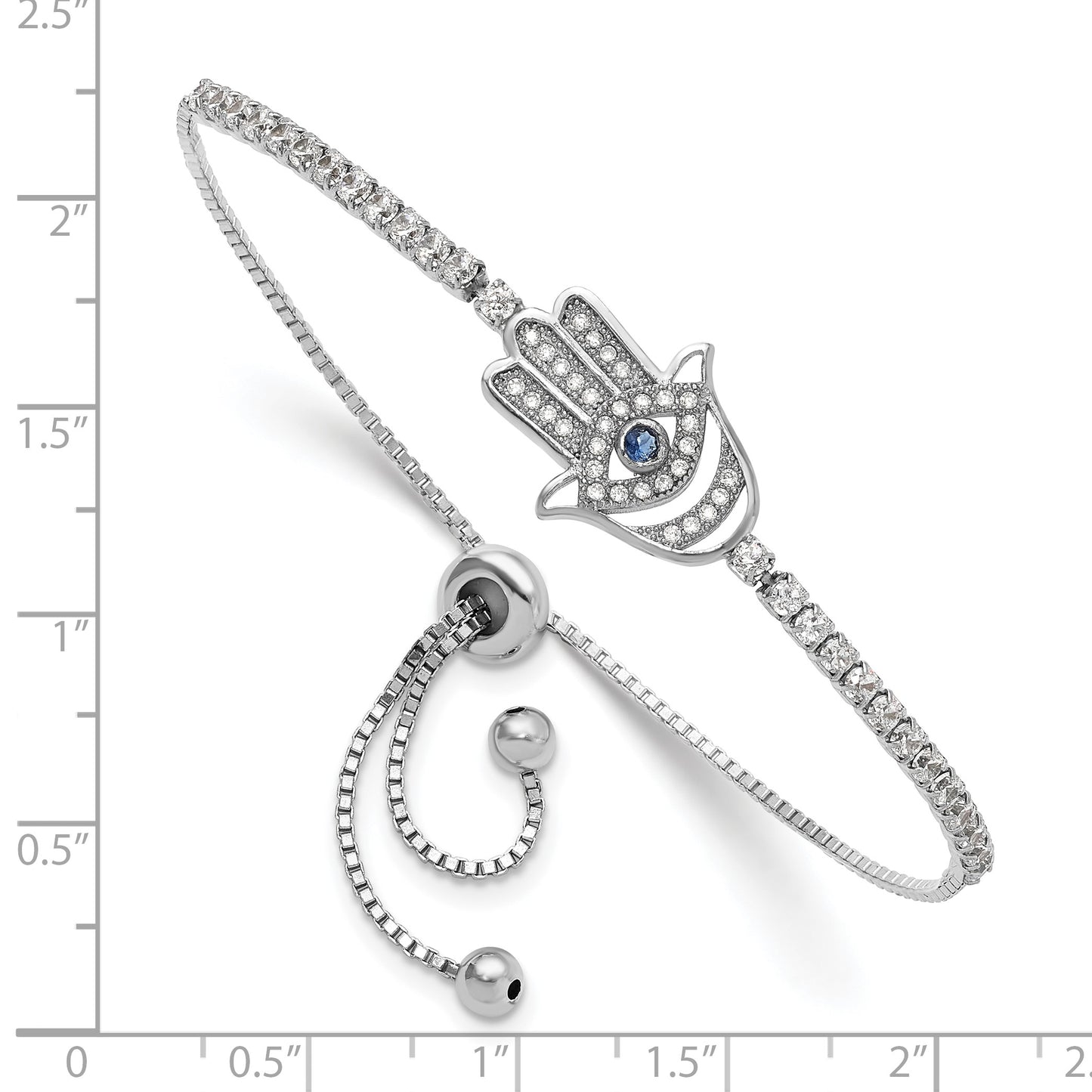 Sterling Silver Rh-plated Clear and Blue CZ Evil Eye Hamsa Adj Bracelet