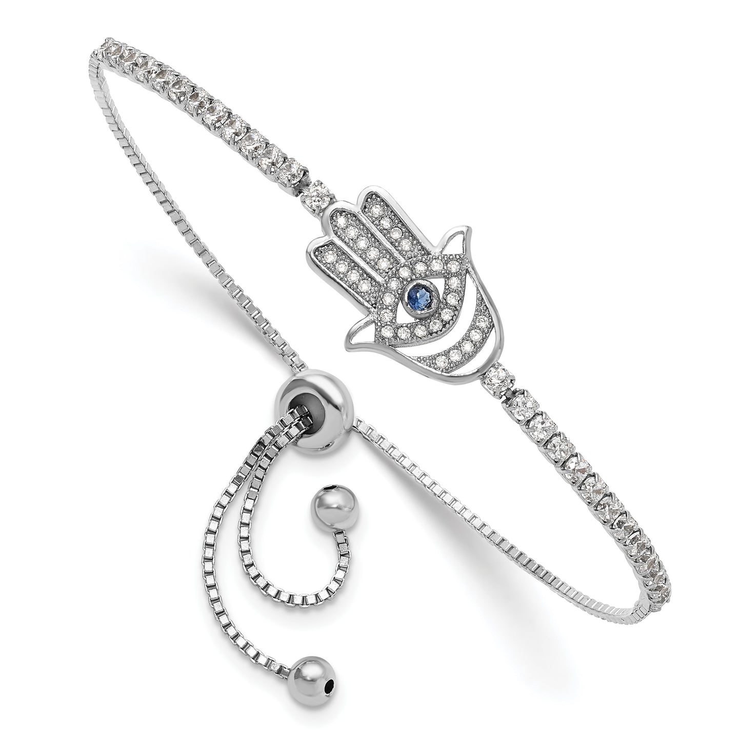 Sterling Silver Rh-plated Clear and Blue CZ Evil Eye Hamsa Adj Bracelet