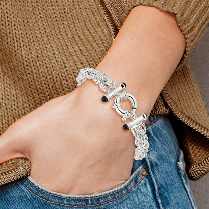 Sterling Silver Polished Black Onyx Rounded Byzantine Chain Bracelet
