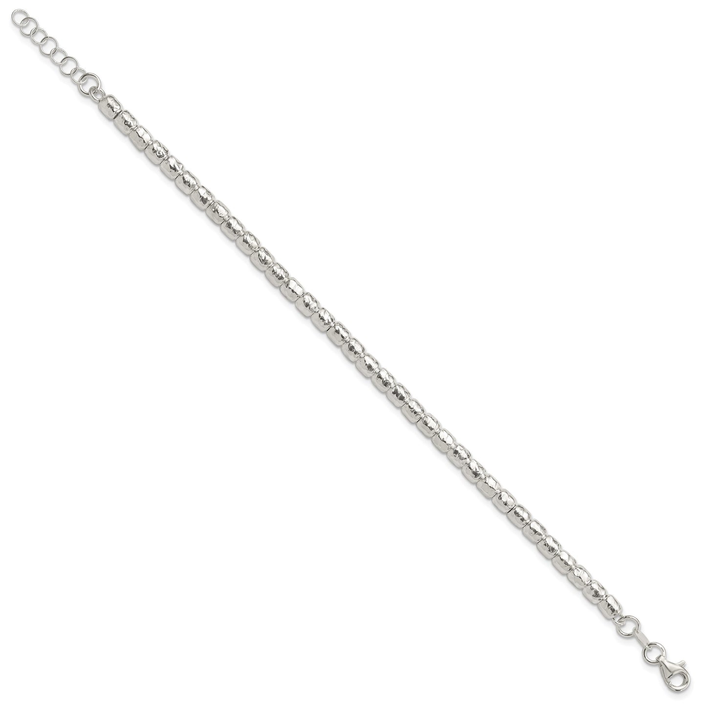Sterling Silver RH-plated Polish/Hammered Beaded w/1 in ext. Bracelet