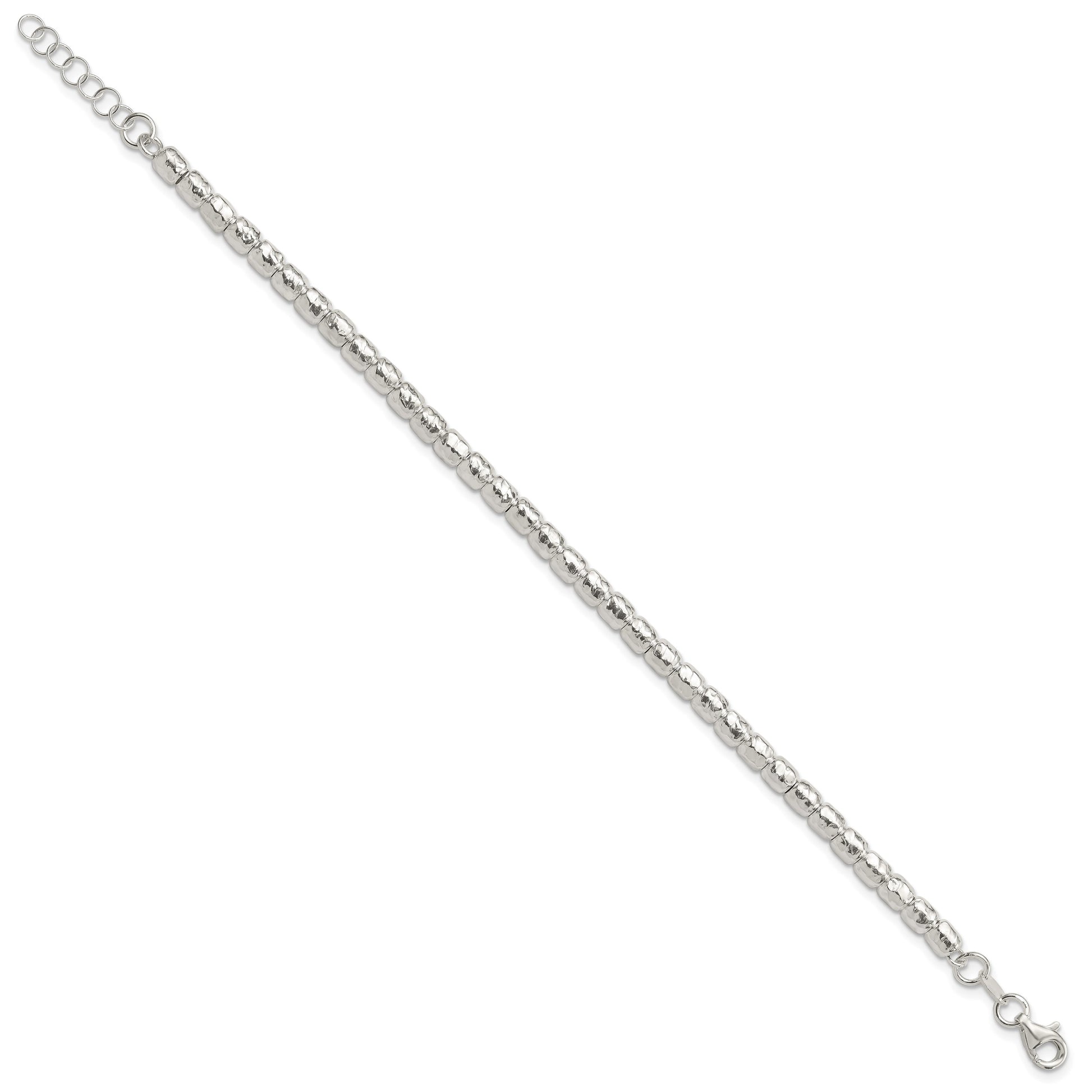Sterling Silver RH-plated Polish/Hammered Beaded w/1 in ext. Bracelet