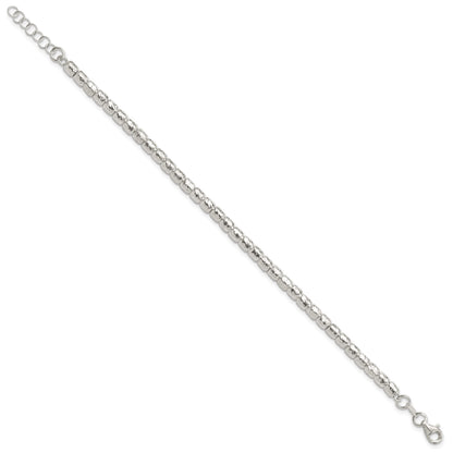 Sterling Silver RH-plated Polish/Hammered Beaded w/1 in ext. Bracelet