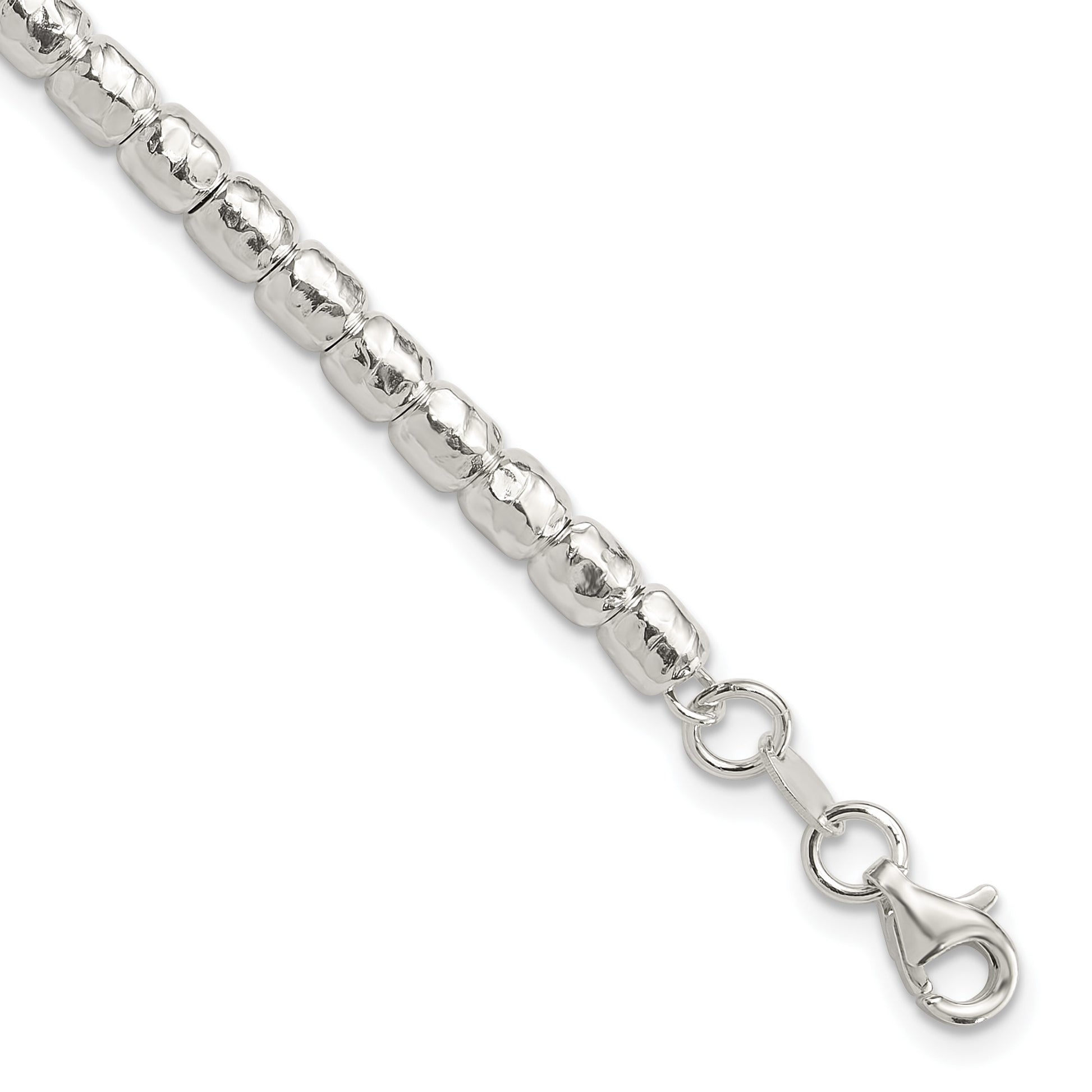 Sterling Silver RH-plated Polish/Hammered Beaded w/1 in ext. Bracelet