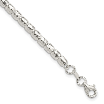 Sterling Silver RH-plated Polish/Hammered Beaded w/1 in ext. Bracelet