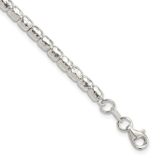 Sterling Silver RH-plated Polish/Hammered Beaded w/1 in ext. Bracelet
