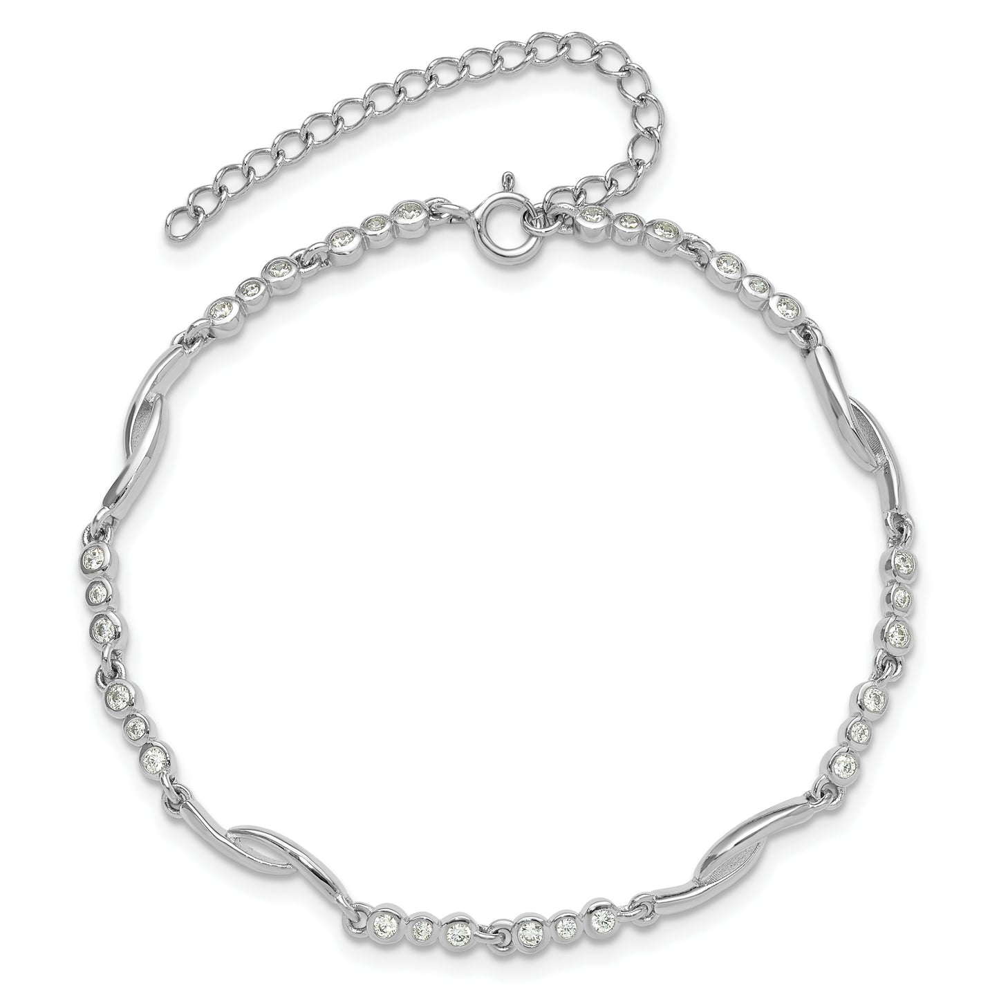 Sterling Silver Rhodium-plated Polished CZ w/2in ext. Bracelet
