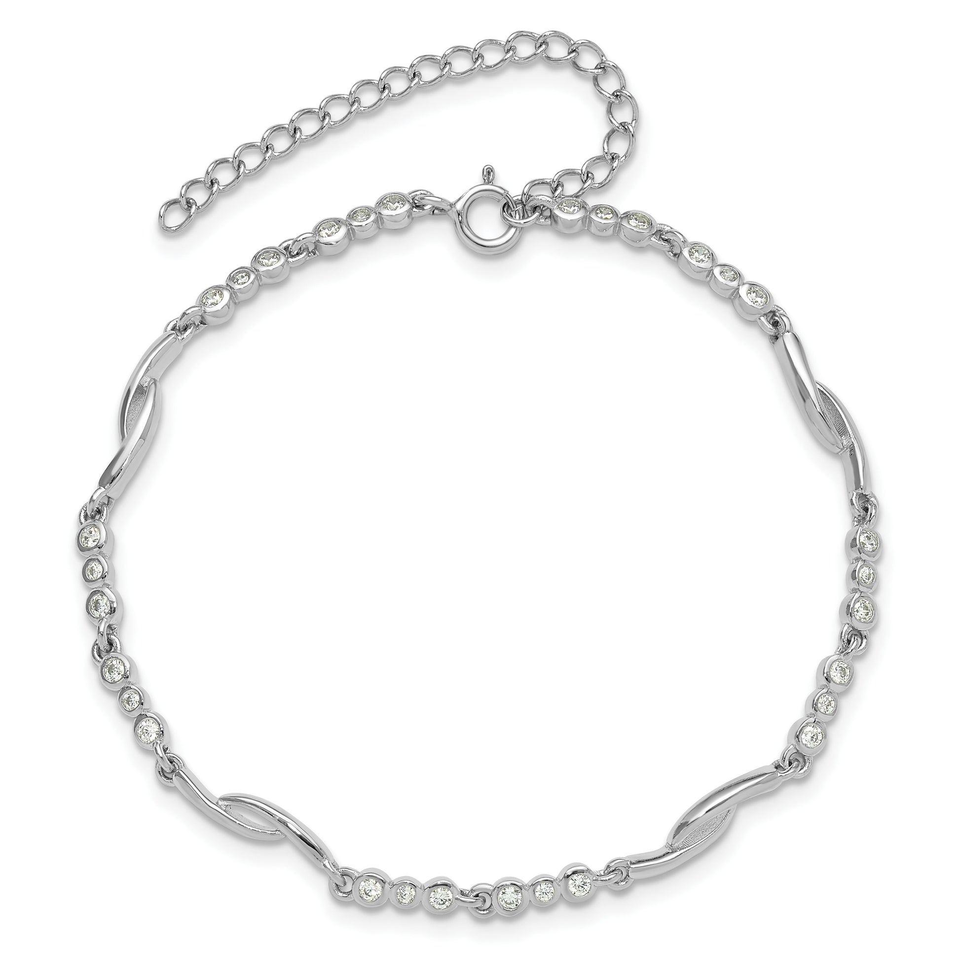 Sterling Silver Rhodium-plated Polished CZ w/2in ext. Bracelet