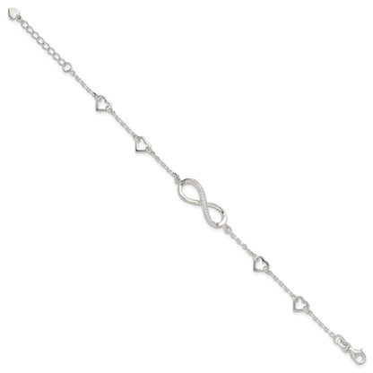 Sterling Silver Rhodium-plated CZ Infinity/Hearts 7in w/1in ext Bracelet