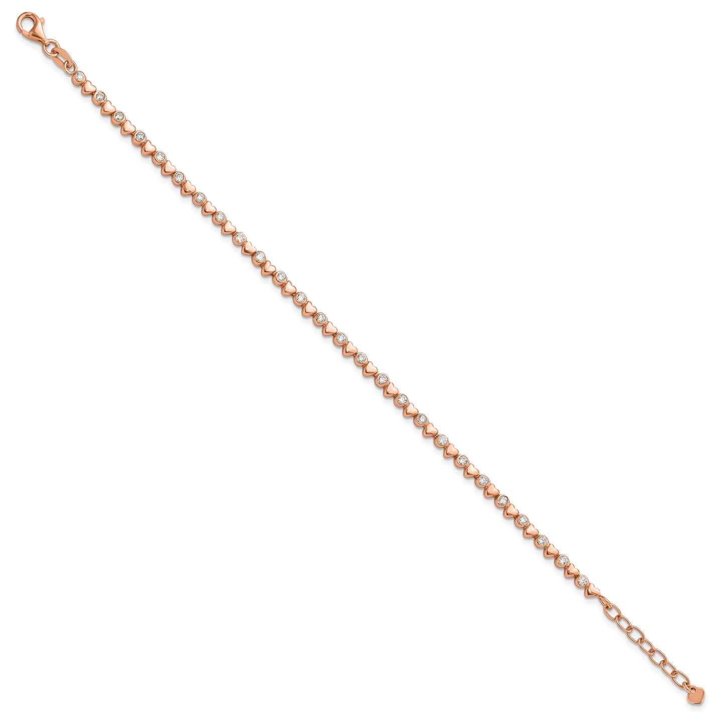 Sterling Silver Rose-tone Polished CZ and Hearts 7in w/1in ext. Bracelet