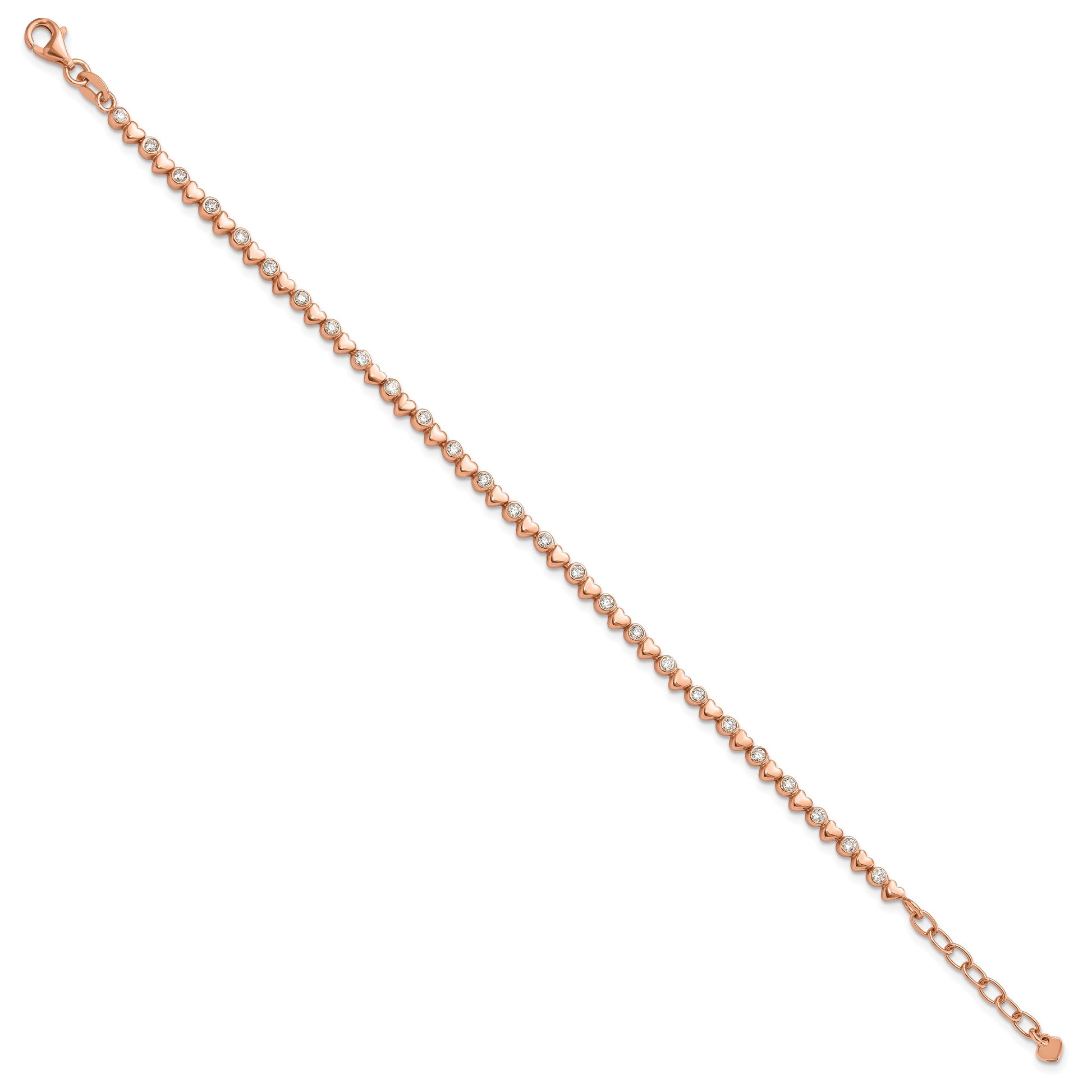 Sterling Silver Rose-tone Polished CZ and Hearts 7in w/1in ext. Bracelet