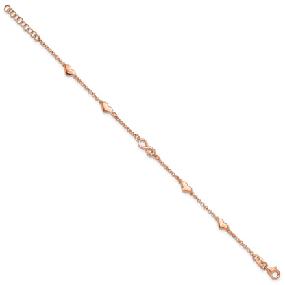 Sterling Silver Rose Gold-plated Heart CZ Infinity w/.5in ext. Bracelet