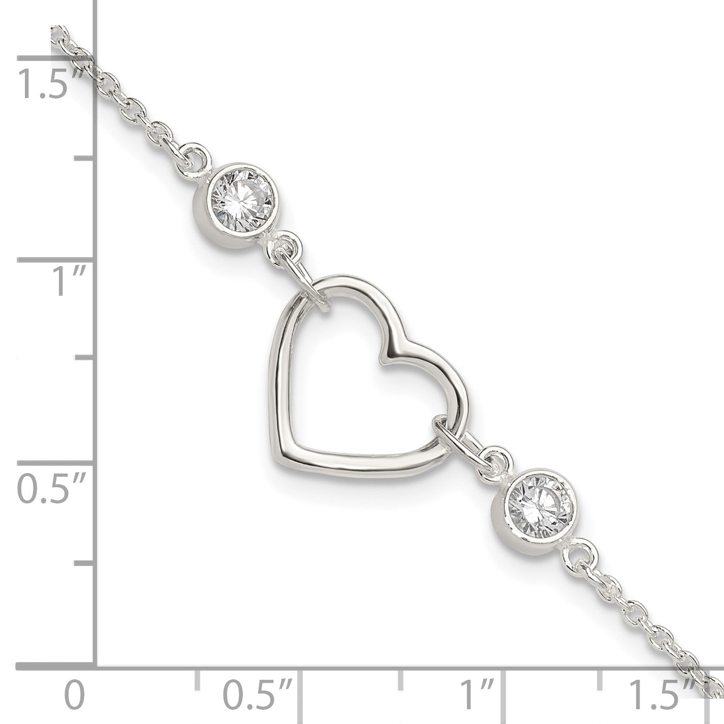 Sterling Silver Rhodium-plated Polished CZ Heart with 1in ext Bracelet