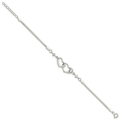 Sterling Silver Rhodium-plated Polished CZ I Heart You w/1in ext Bracelet