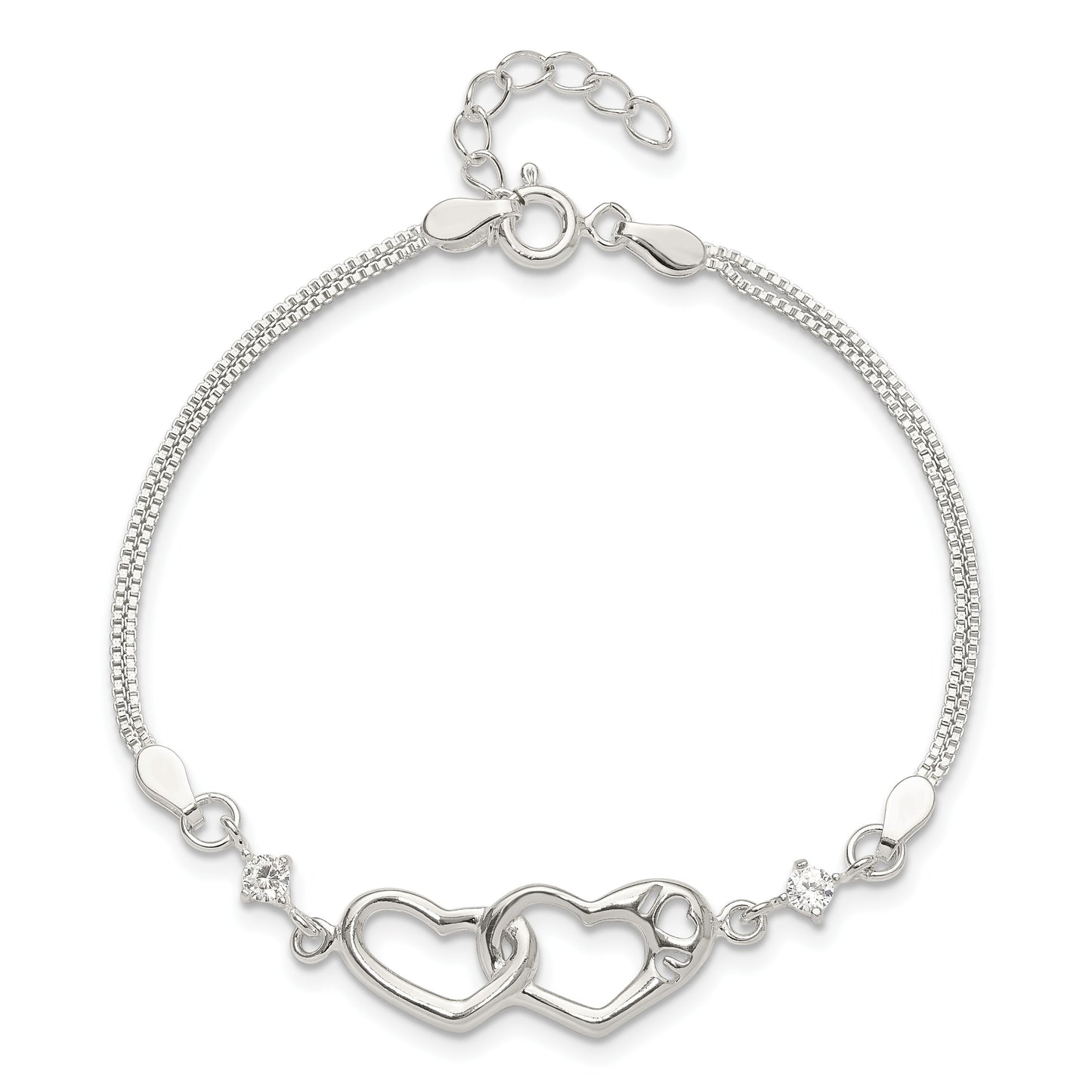 Sterling Silver Rhodium-plated Polished CZ I Heart You w/1in ext Bracelet