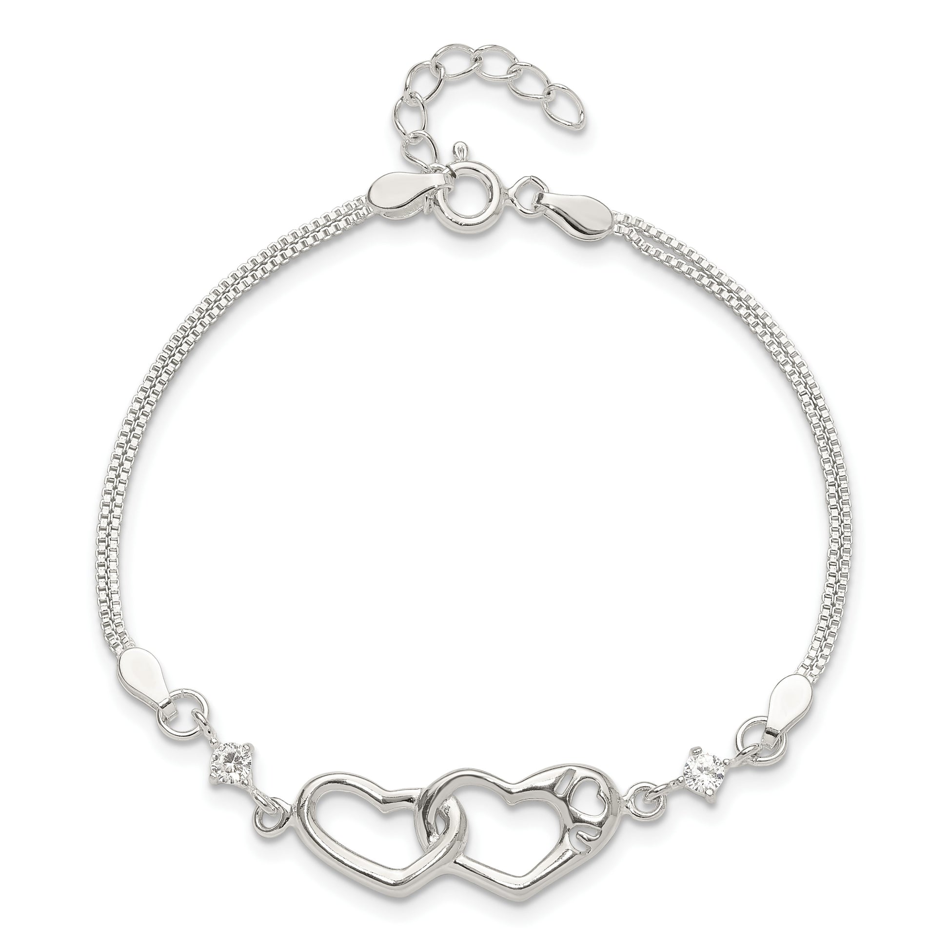 Sterling Silver Rhodium-plated Polished CZ I Heart You w/1in ext Bracelet