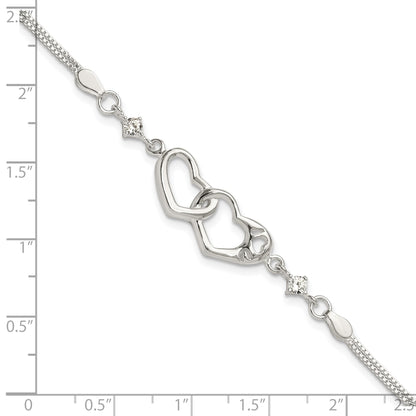 Sterling Silver Rhodium-plated Polished CZ I Heart You w/1in ext Bracelet
