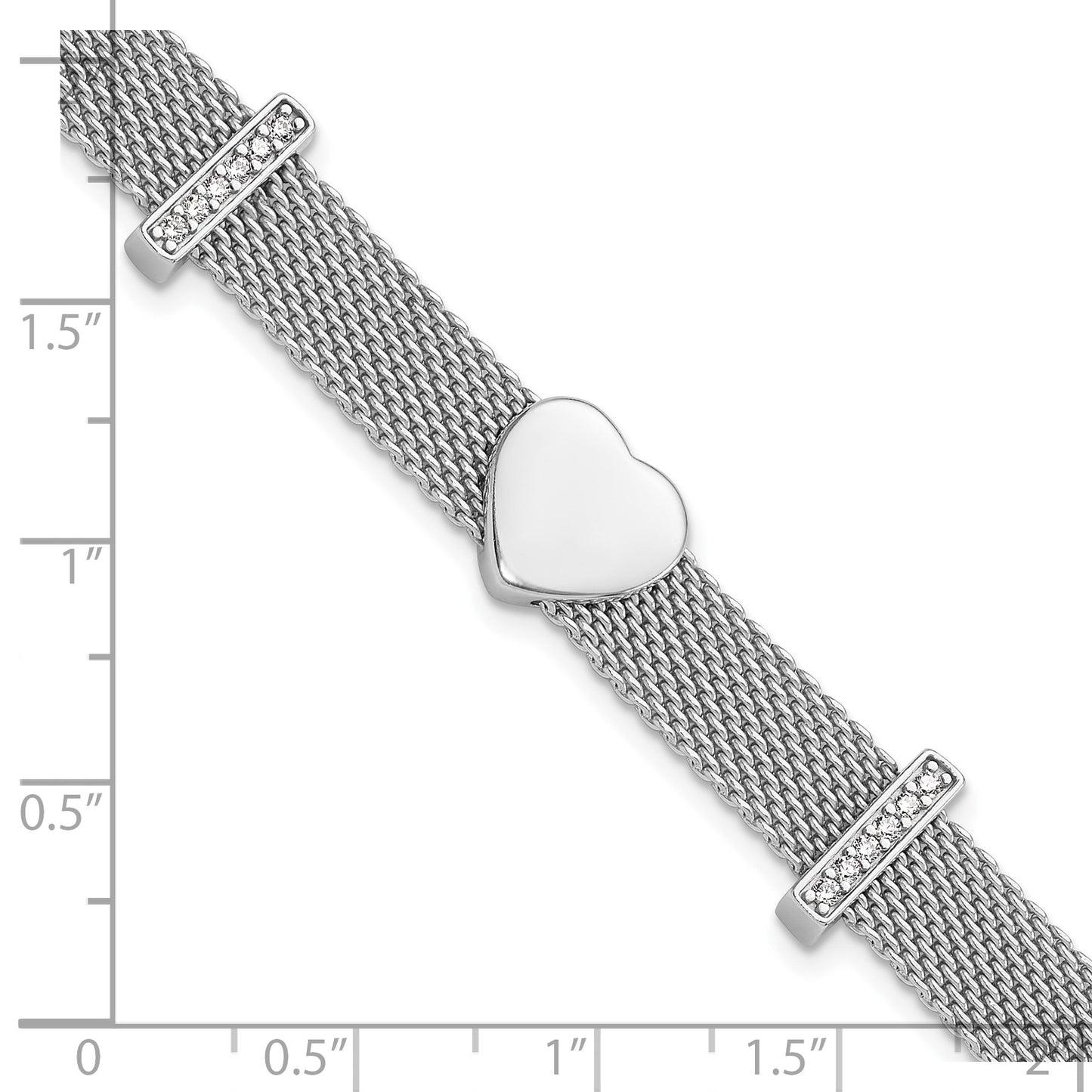 Sterling Silver Rhodium-plated Mesh CZ Heart 6.75in Bracelet