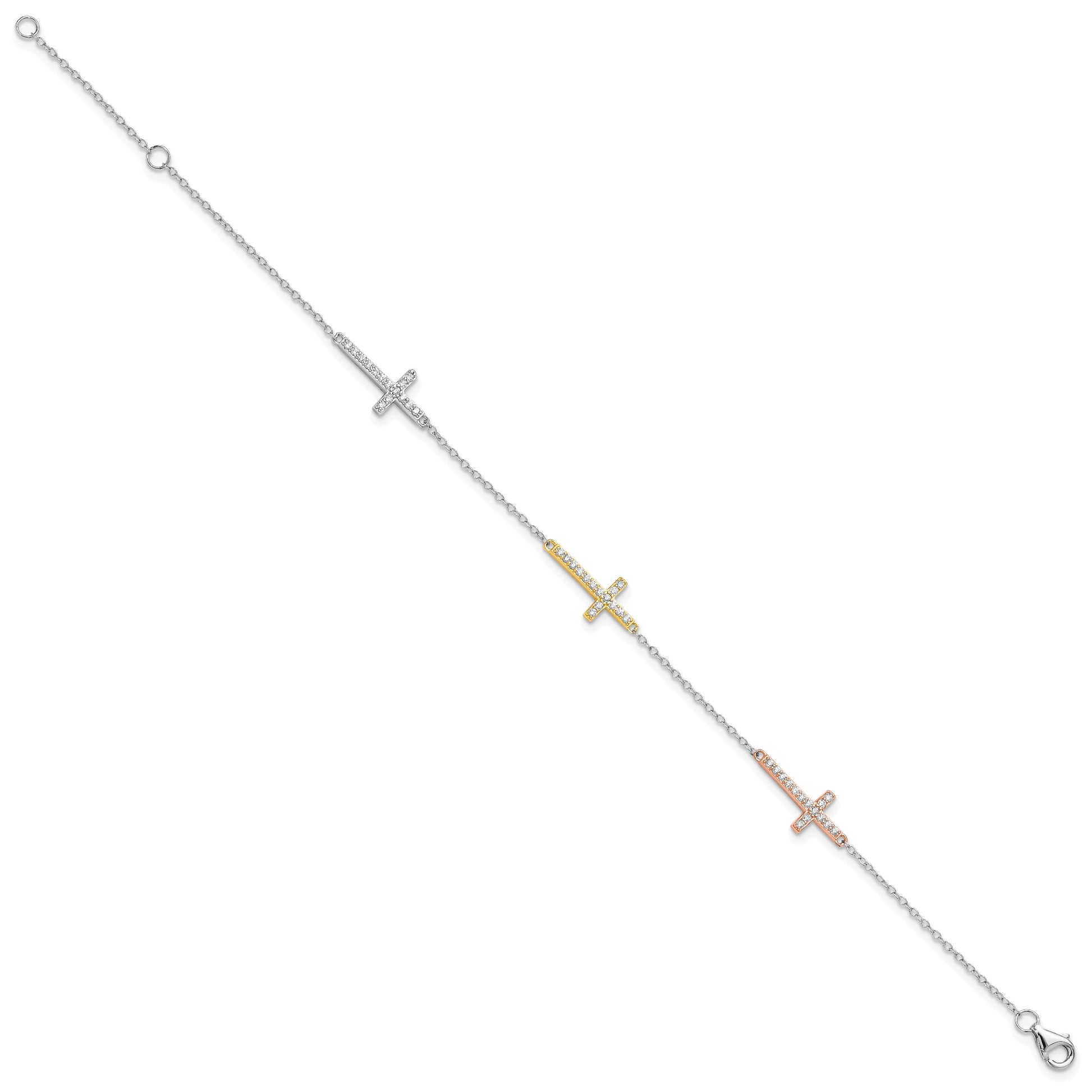 Sterling Silver Rhod-plated Gold/Rose-tone CZ Cross w/1in ext. Bracelet