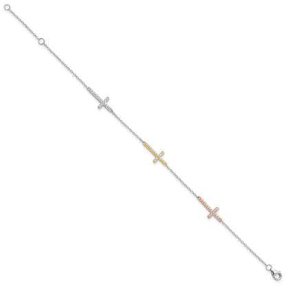 Sterling Silver Rhod-plated Gold/Rose-tone CZ Cross w/1in ext. Bracelet