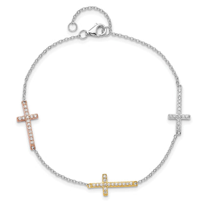 Sterling Silver Rhod-plated Gold/Rose-tone CZ Cross w/1in ext. Bracelet