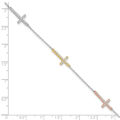 Sterling Silver Rhod-plated Gold/Rose-tone CZ Cross w/1in ext. Bracelet