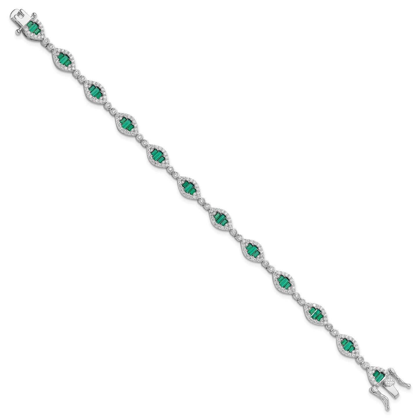 Sterling Silver Rhodium-plated White and Green CZ Link Bracelet