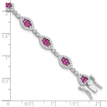 Sterling Silver Rhodium-plated White and Red CZ Link Bracelet