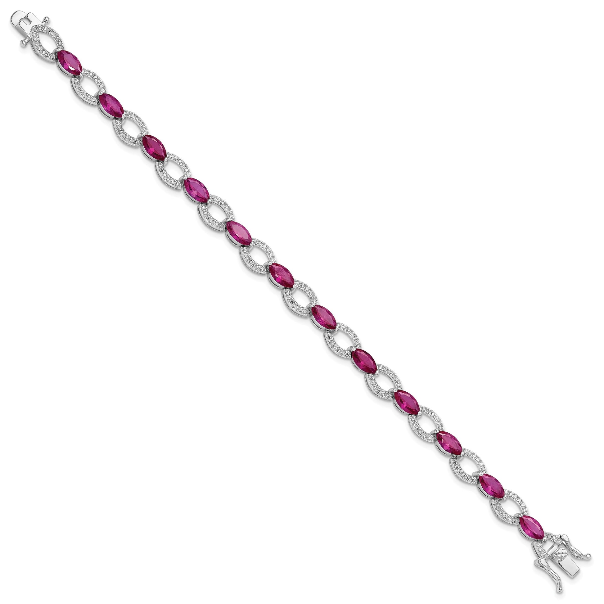 Sterling Silver Rhodium-plated White and Red CZ Link Bracelet