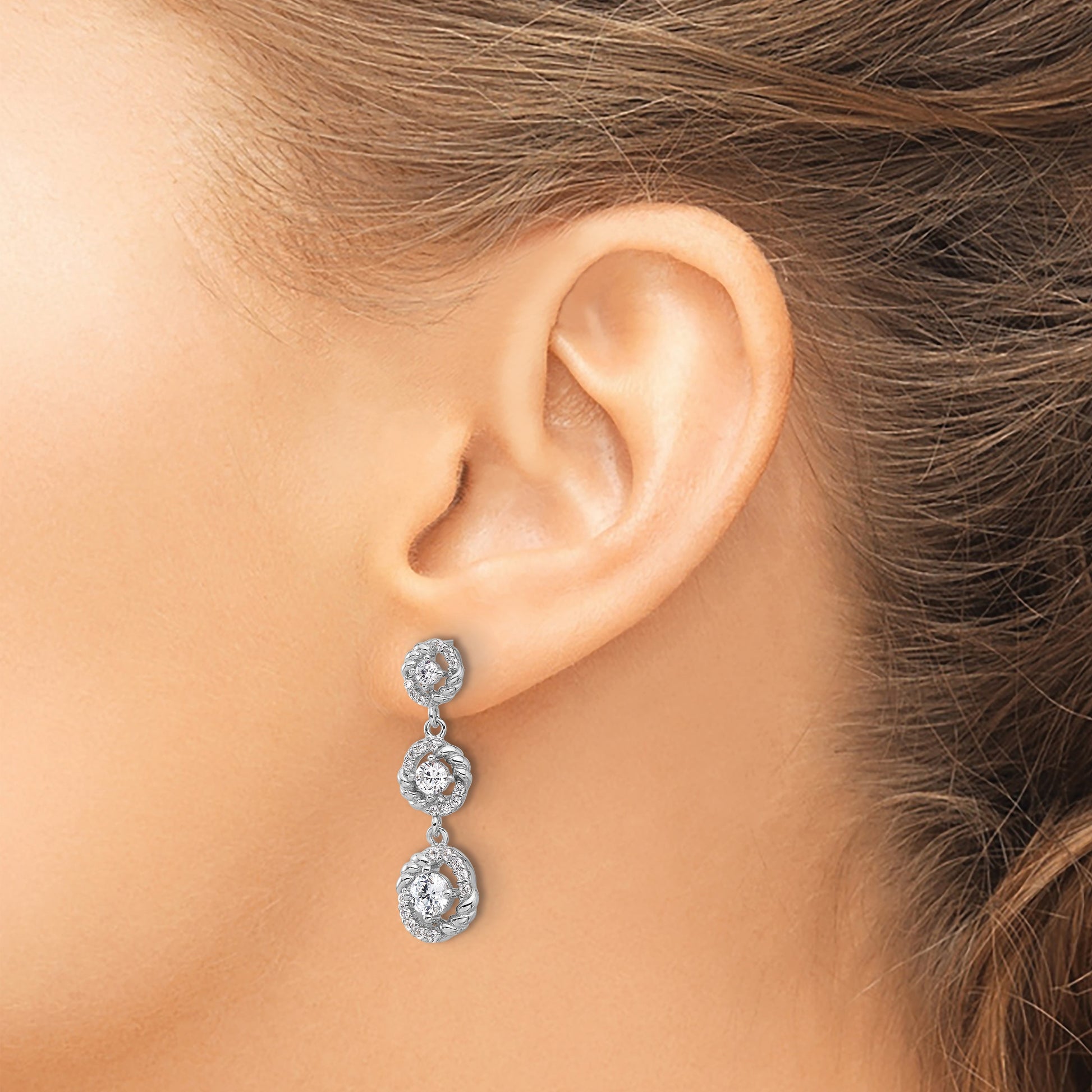Pure Fire Sterling Silver Rhod-plated CZ Dangle Post Earrings