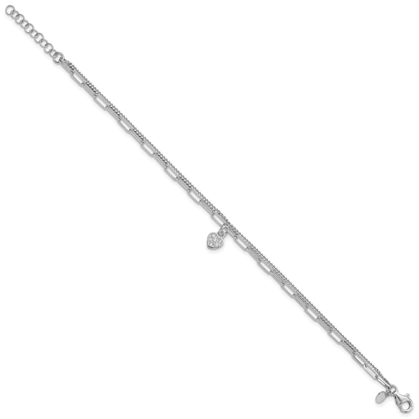 Sterling Silver Rhodium-plated CZ Heart 6.75in w/1in ext. Bracelet