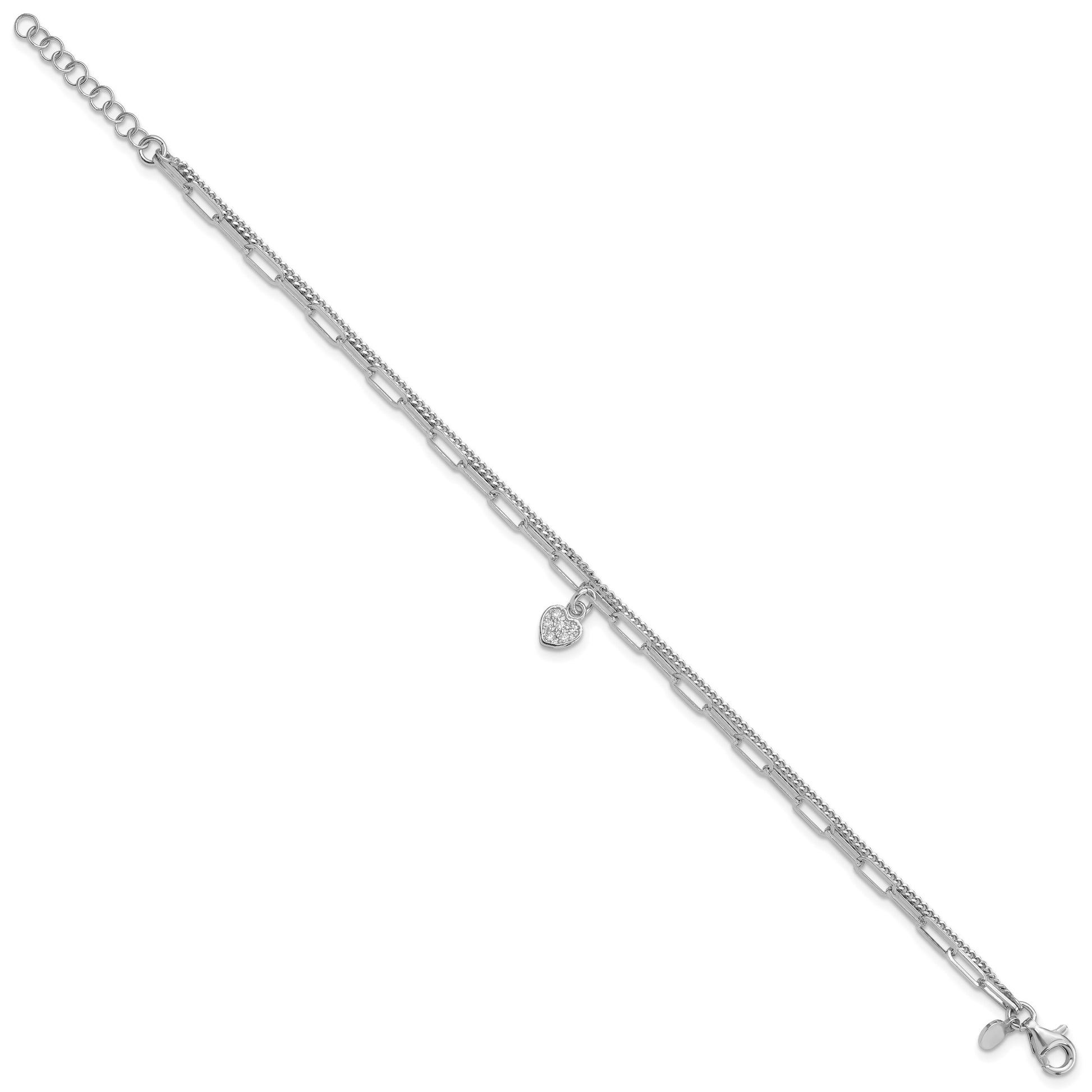 Sterling Silver Rhodium-plated CZ Heart 6.75in w/1in ext. Bracelet