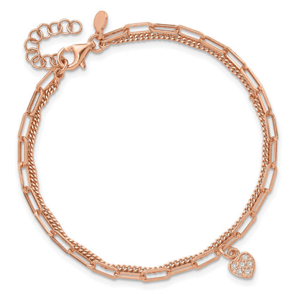 Sterling Silver Rose Gold-plated CZ Heart 6.75in w/1in ext. Bracelet