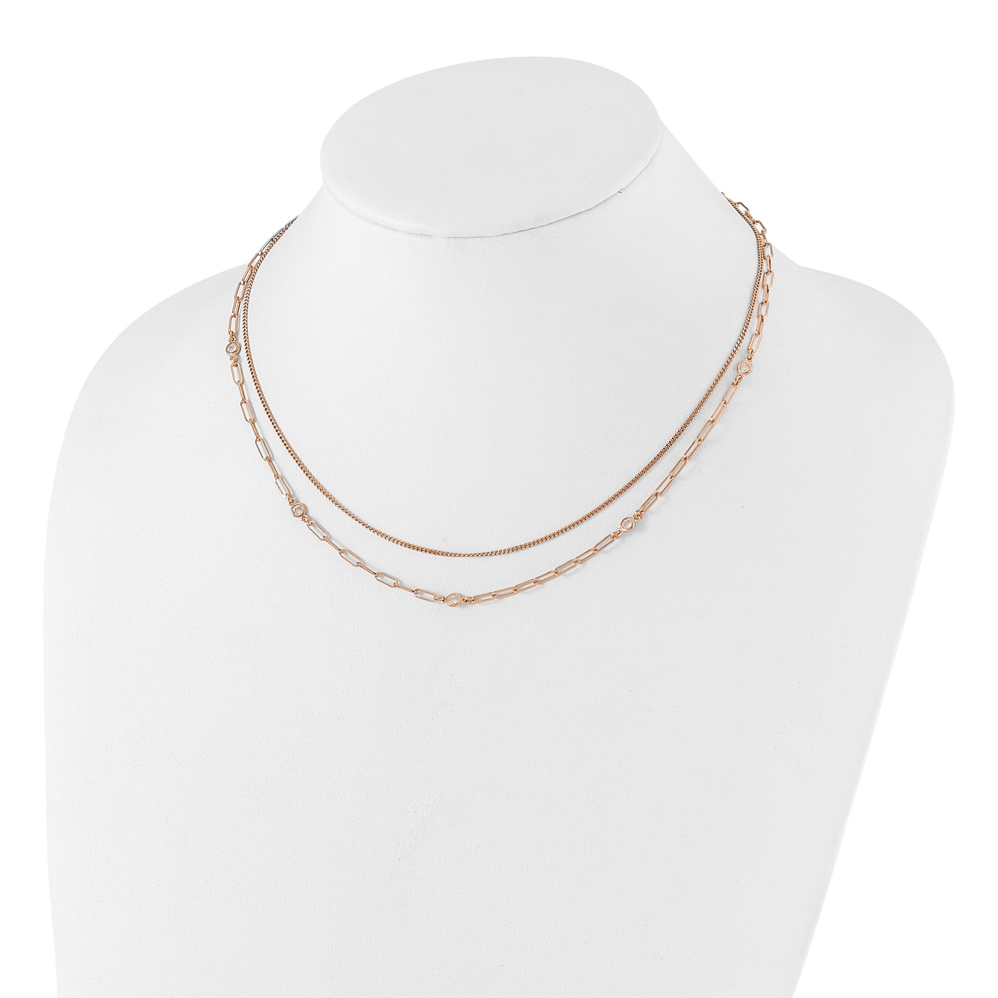 Sterling Silver Rose Gold-plated CZ 2 Strand 17in w/2in ext. Necklace