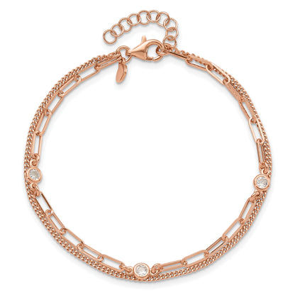 Sterling Silver Rose Gold-plated CZ 2 Strand 6.75in w/1in ext. Bracelet