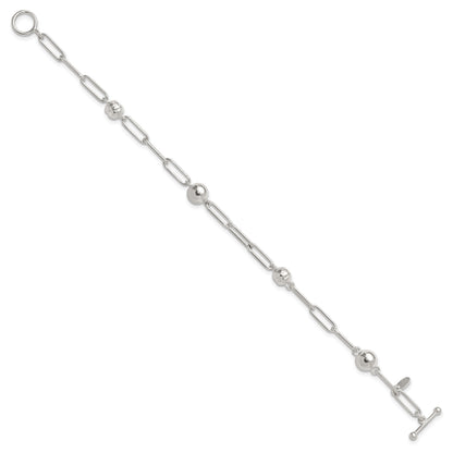 Sterling Silver Polished and Textured Beaded Link Toggle Bracelet