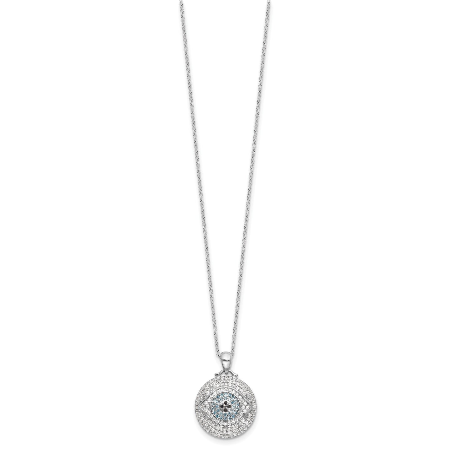 Sterling Silver Rh-plated Created Blue Spinel and CZ Evil Eye 18in Necklace