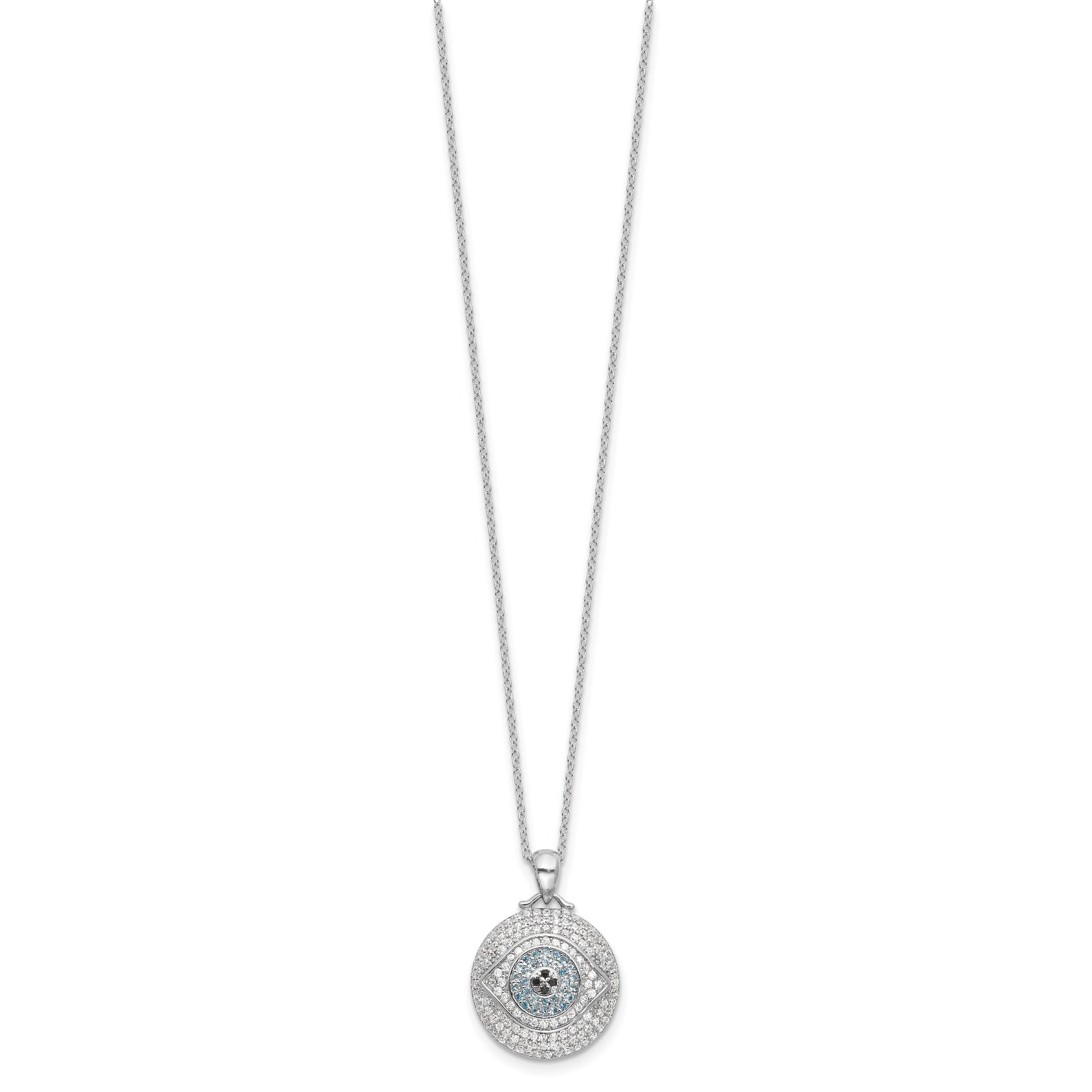 Sterling Silver Rh-plated Created Blue Spinel and CZ Evil Eye 18in Necklace