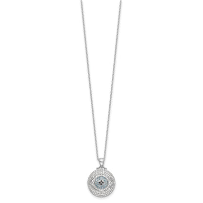 Sterling Silver Rh-plated Created Blue Spinel and CZ Evil Eye 18in Necklace